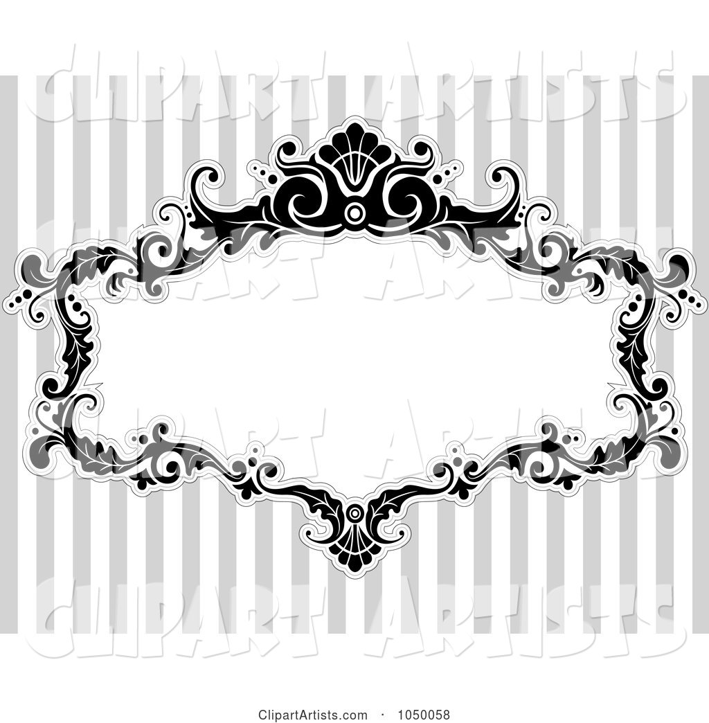 Black and White Floral Victorian Frame over Gray Stripes - 1