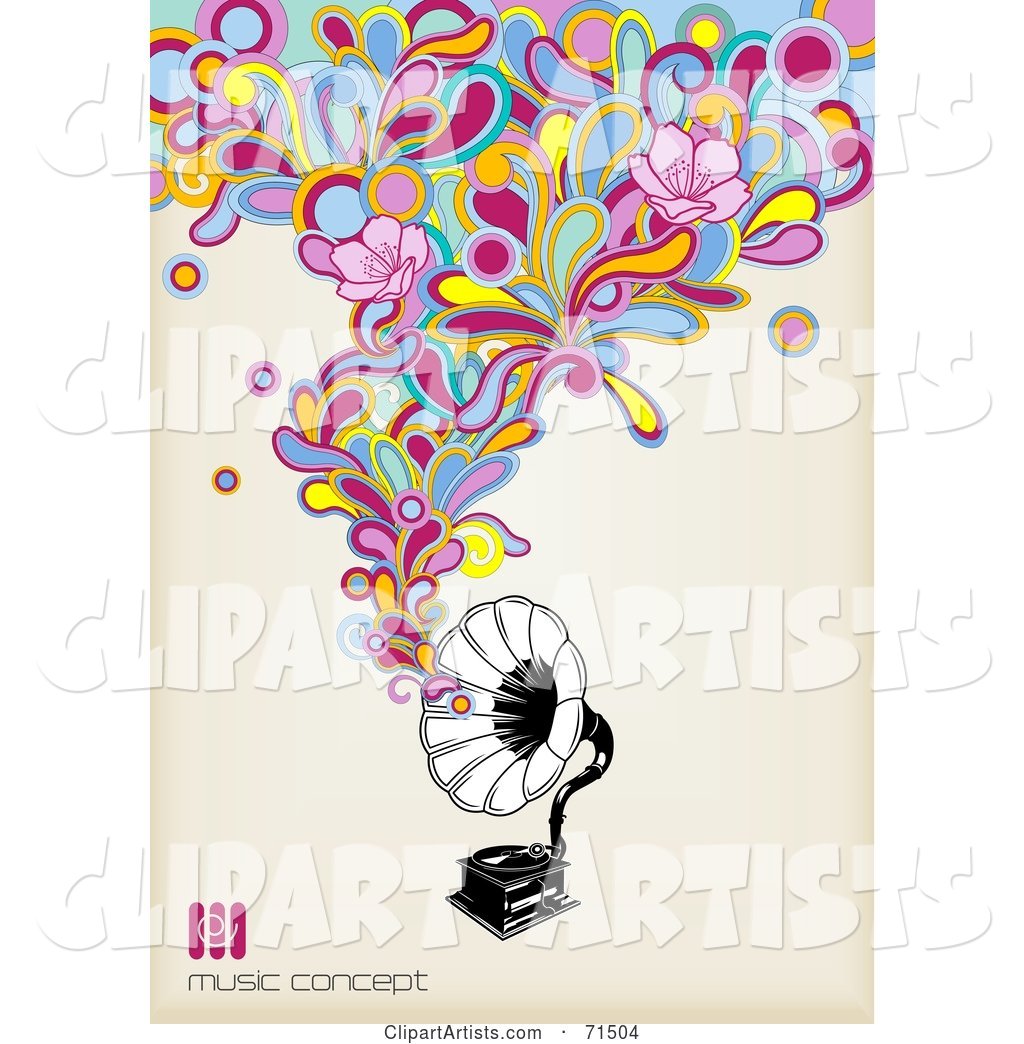 Black and White Gramophone with Funky Colorful Music with Flowers