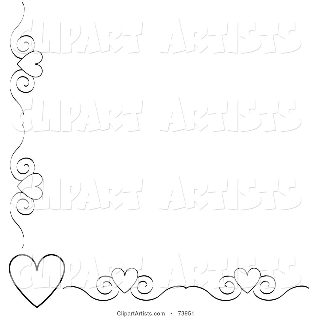 Black and White Heart and Scroll Corner Border on a White Background