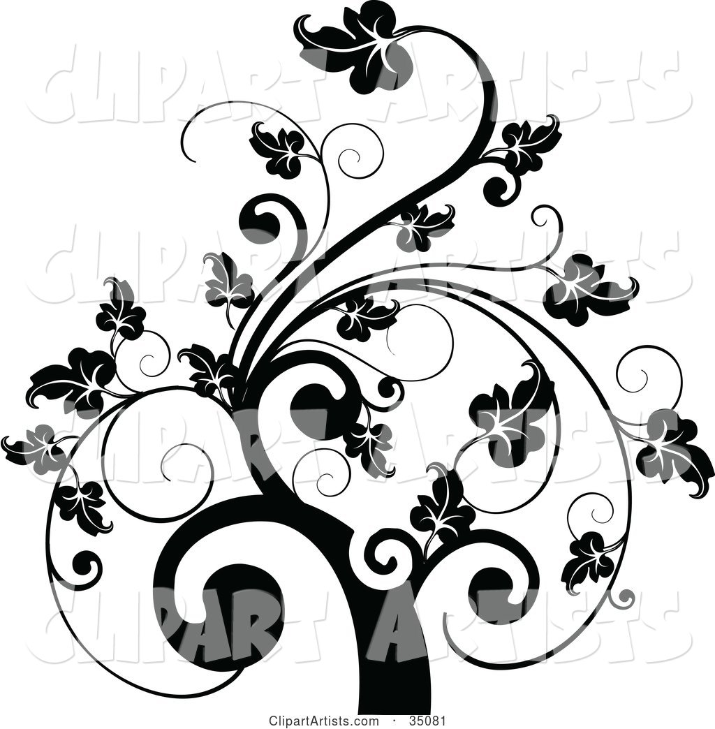 Black and White Leafy Scroll Tree Design