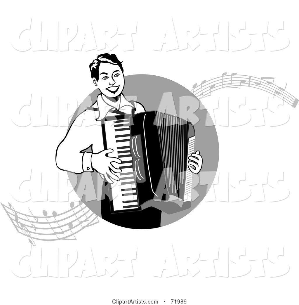 Black and White Man Playing an Accordian with Music Notes