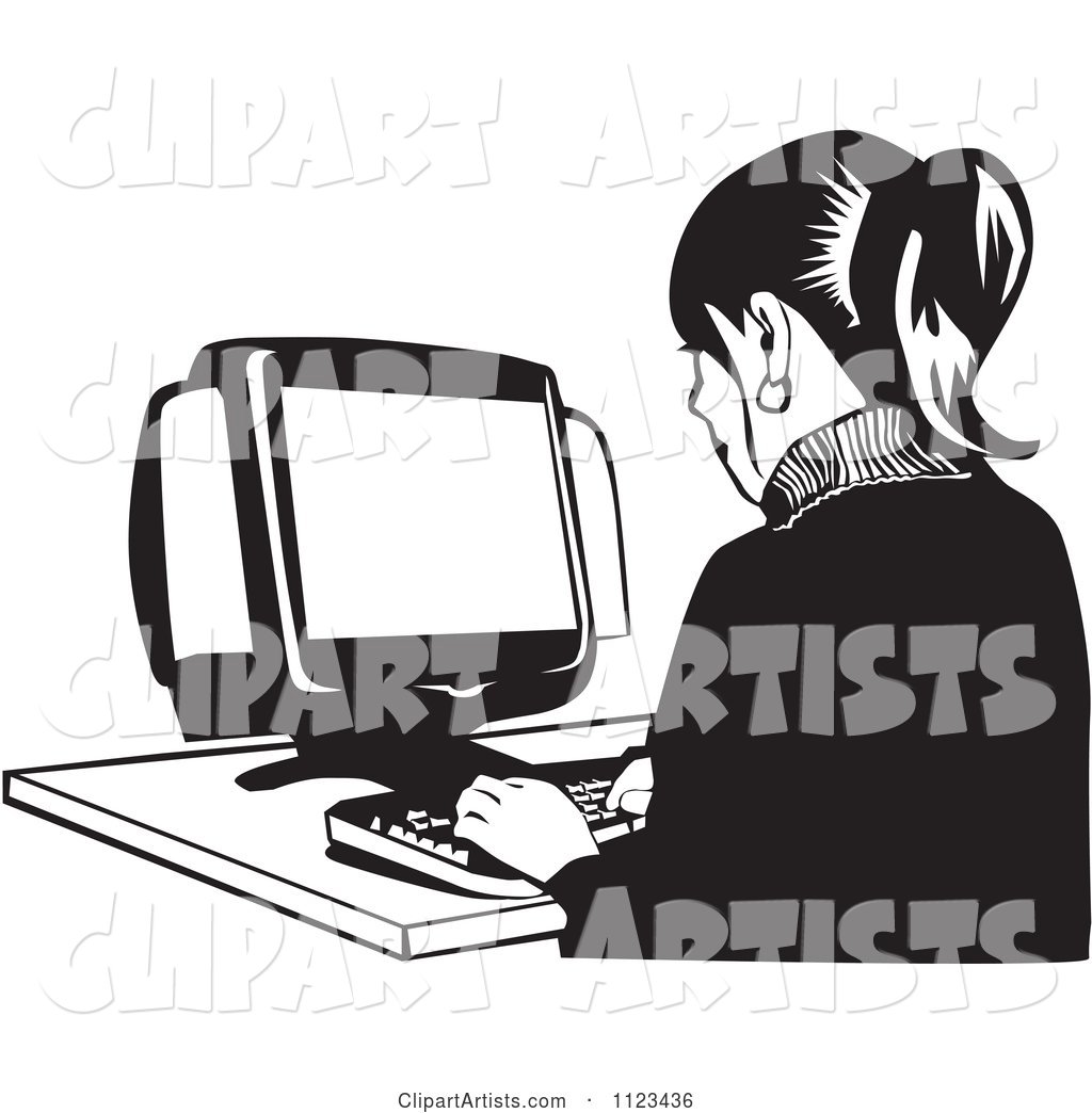 Black and White Office Worker Woman Typing on a Desktop Computer
