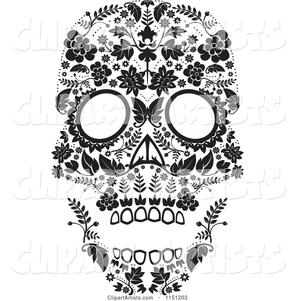 Black and White Ornate Floral Day of the Dead Skull