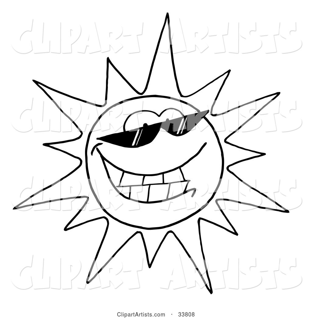 Black and White Outline of a Cool Sun Character Wearing Shades and Smiling
