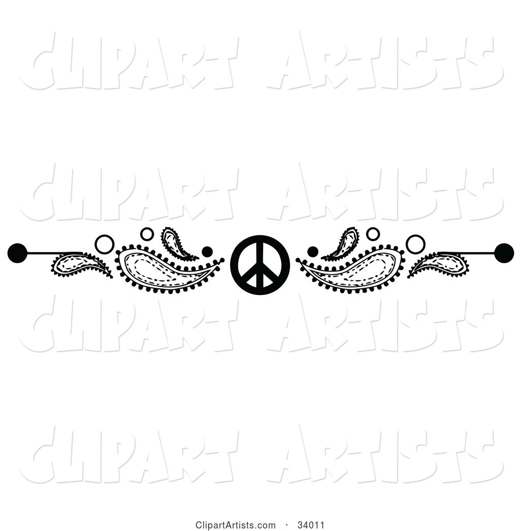 Black and White Paisley and Peace Symbol Header, Divider, Banner or Lower Back Tattoo Design