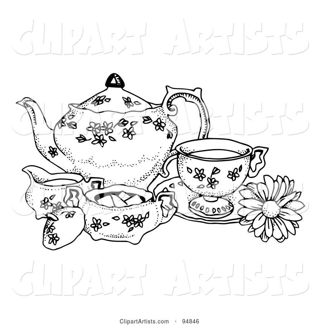 Black and White Pen and Ink Styled Tea Set