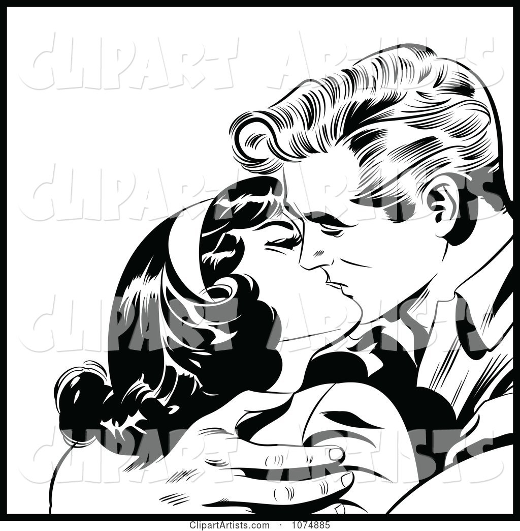 Black and White Retro Pop Art Couple Kissing and Holding Each Other Tight