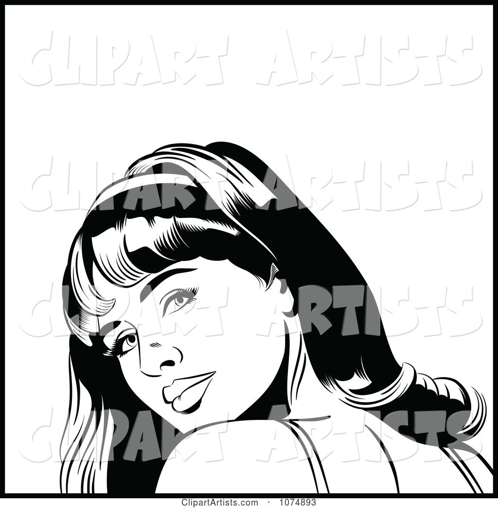 Black and White Retro Pop Art Woman Looking Back over Her Shoulder