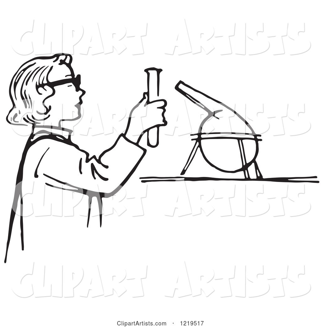 Black and White Retro Teen Girl Conducting a Science Experiment in a Lab