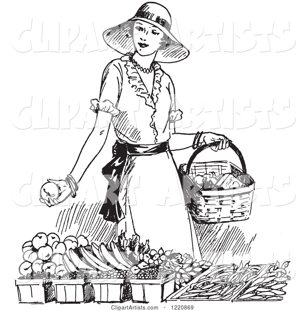Black and White Retro Woman Shopping for Produce
