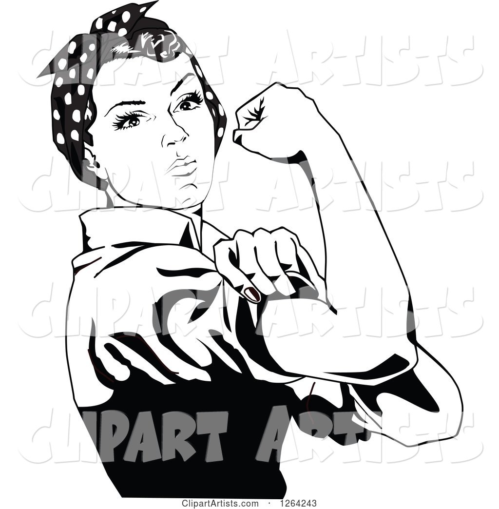 Black and White Rosie the Riveter Flexing and Facing Right