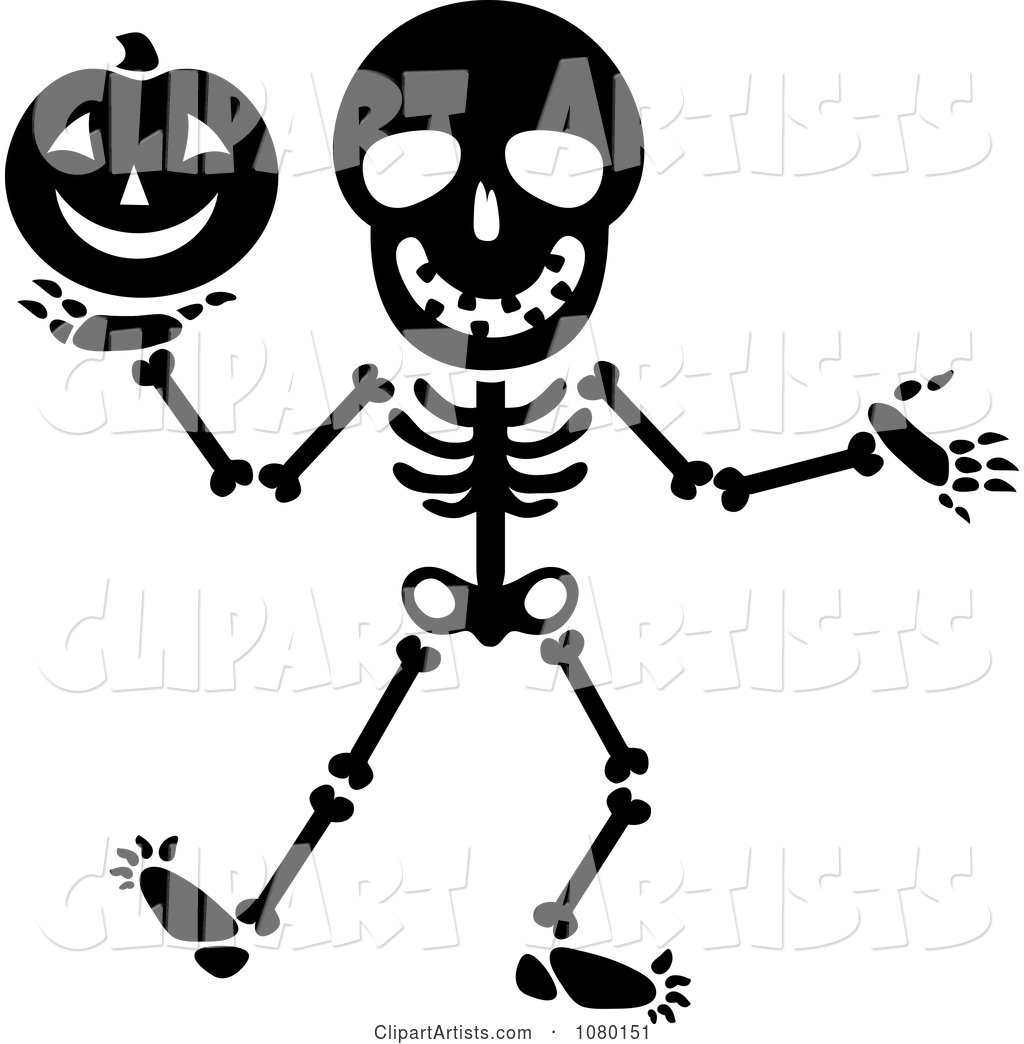Black and White Skeleton Holding a Halloween Pumpkin