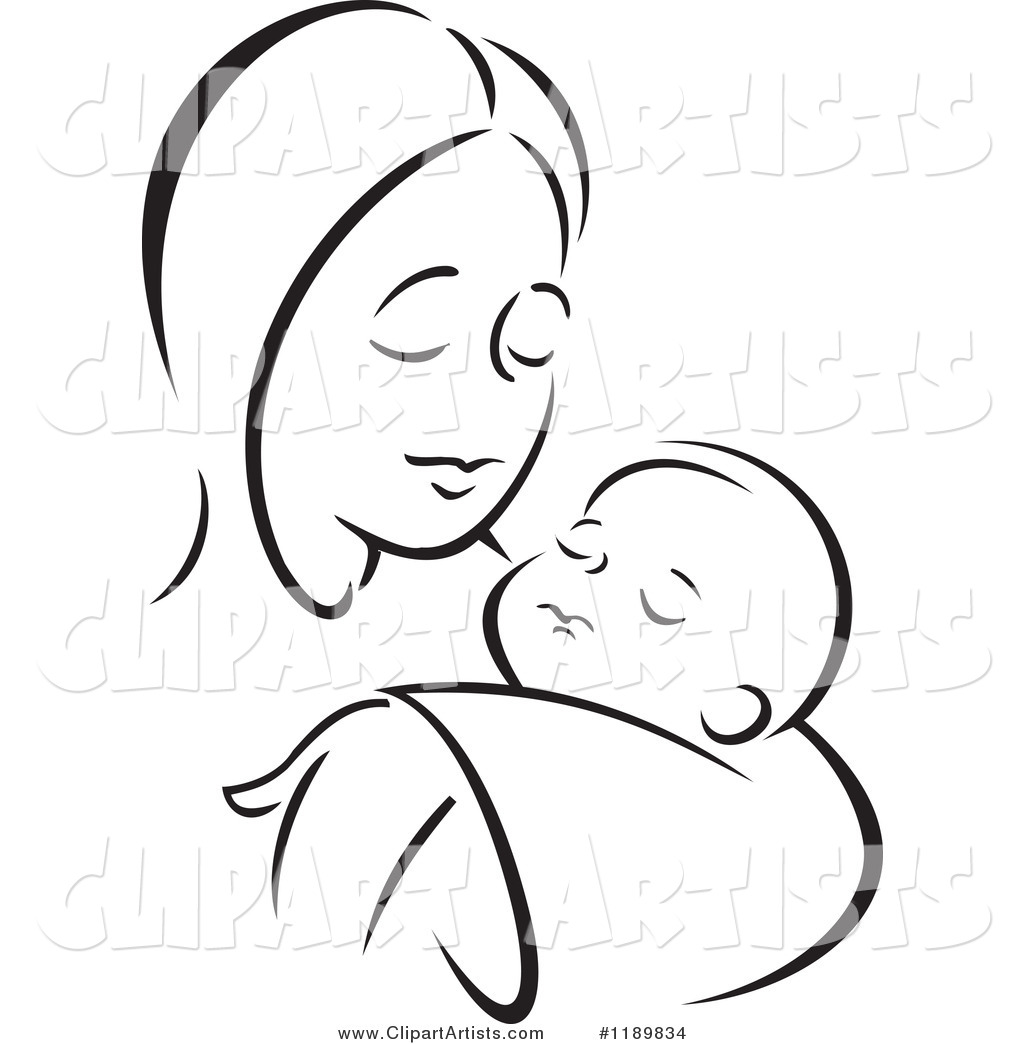 Black and White Sketch of a Loving Mother Holding a Baby