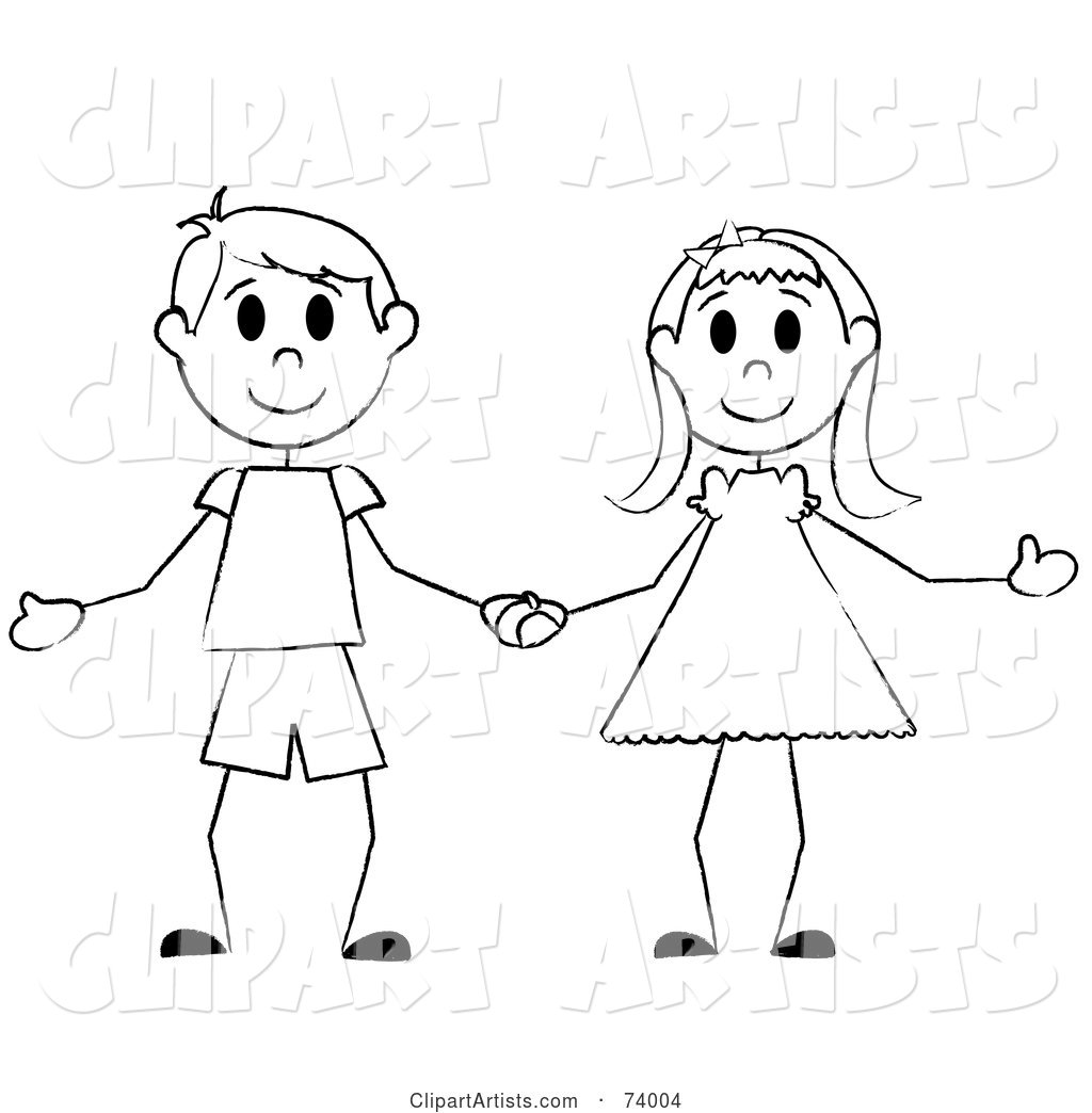 Black and White Stick Boy and Girl Holding Hands
