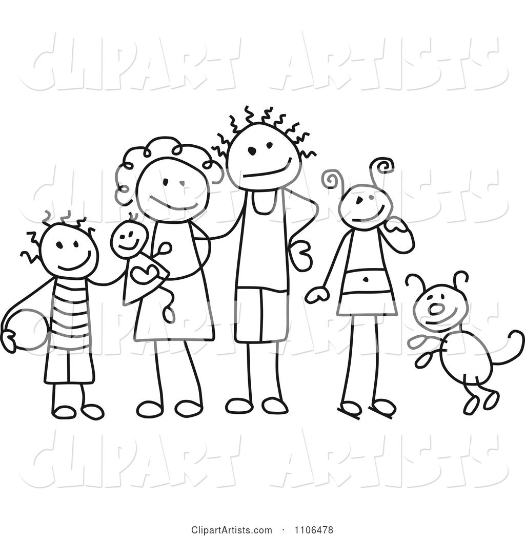 Black and White Stick Drawing of a Happy Family with Their Dog