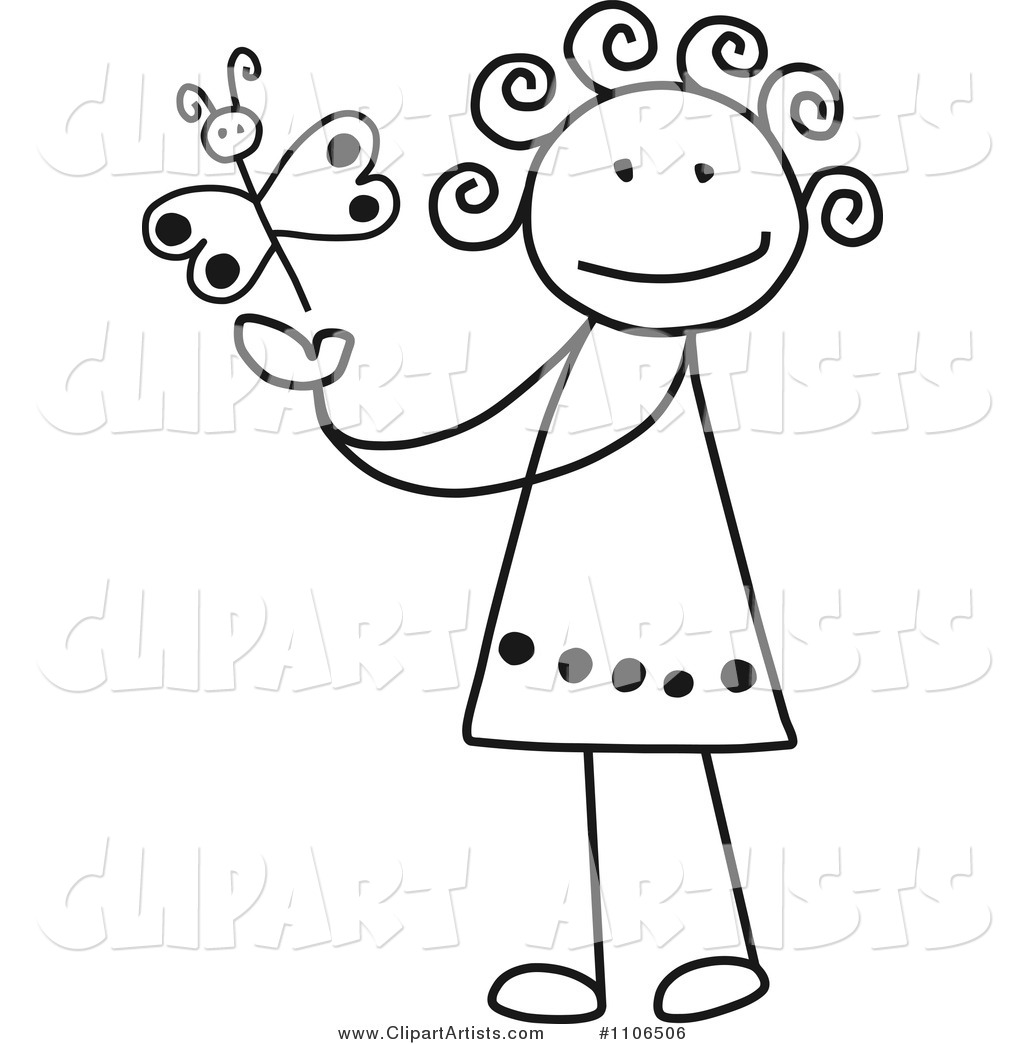 Black and White Stick Drawing of a Happy Girl Playing with a Butterfly