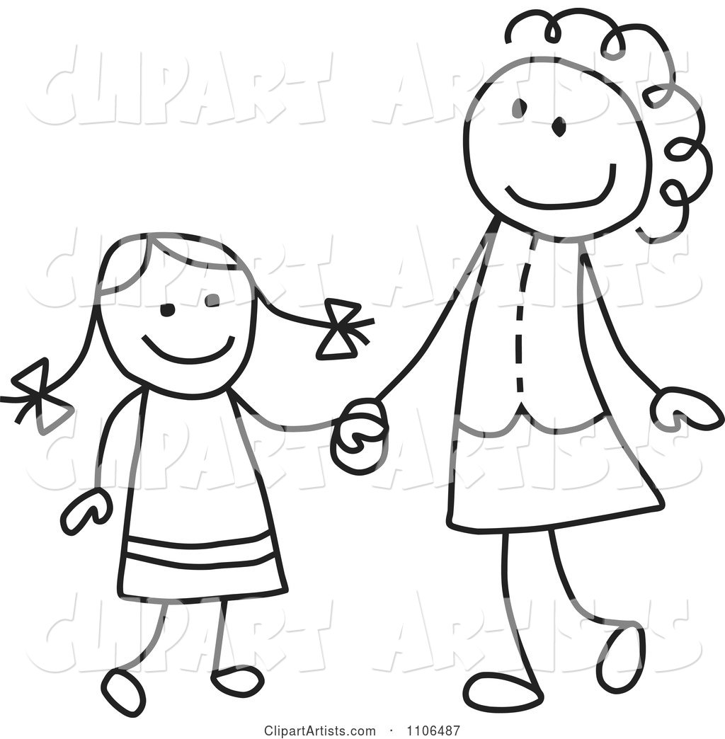 Black and White Stick Drawing of a Happy Mother and Daughter Holding Hands