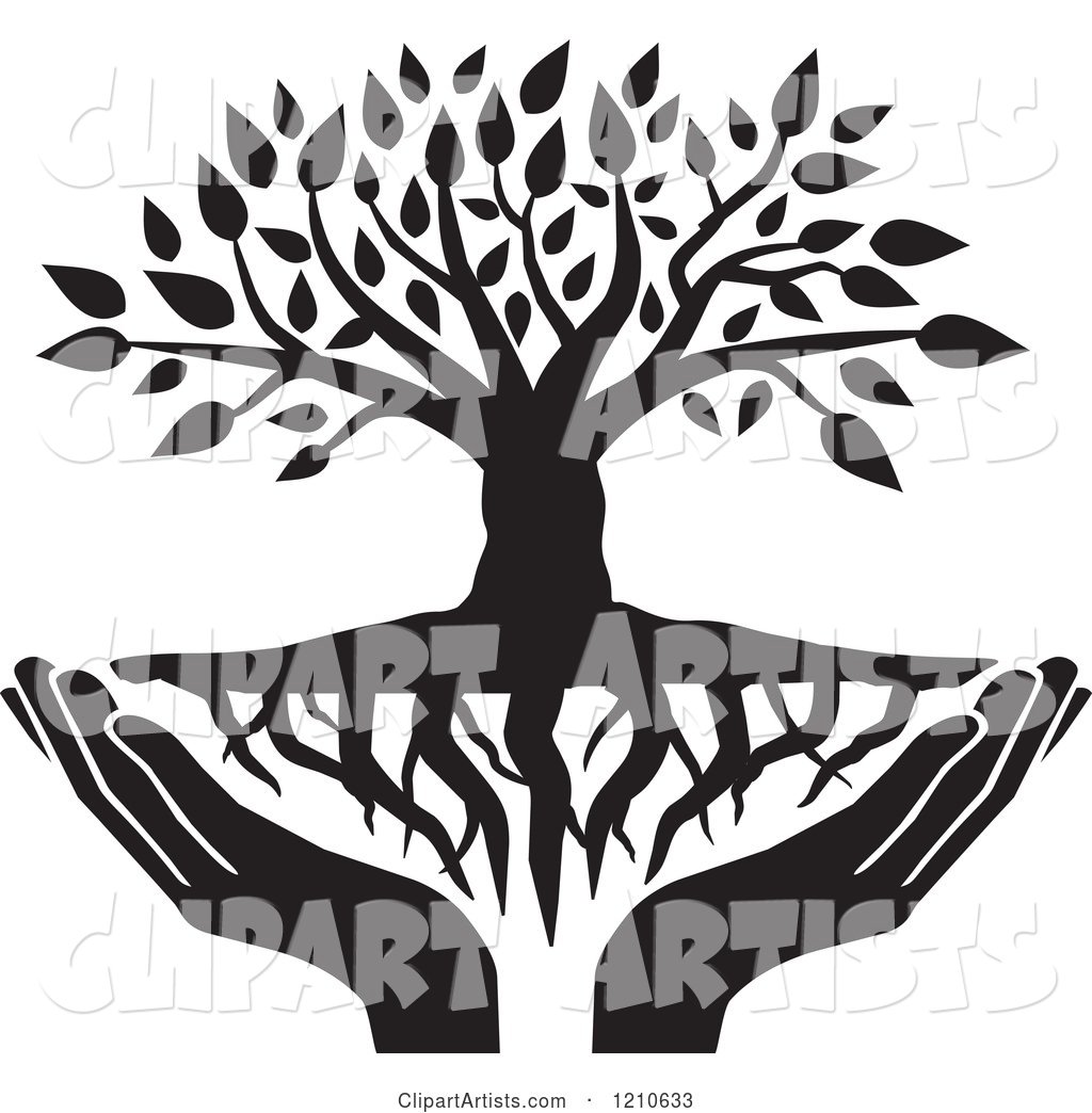 Black and White Tree with Roots and Uplifted Hands