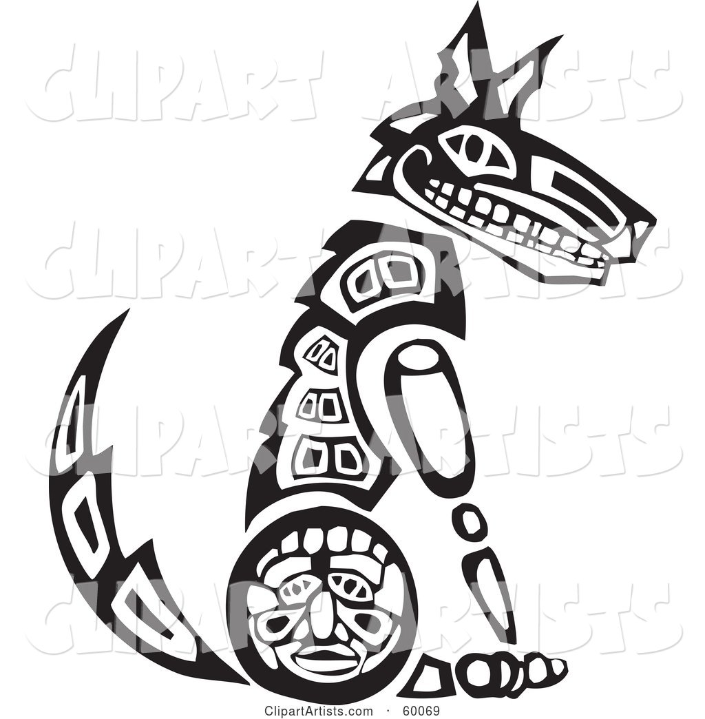 Black and White Tribal Coyote Sitting Upright