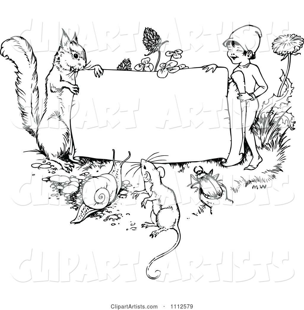 Black and White Vintage Frame with Animals and a Gnome