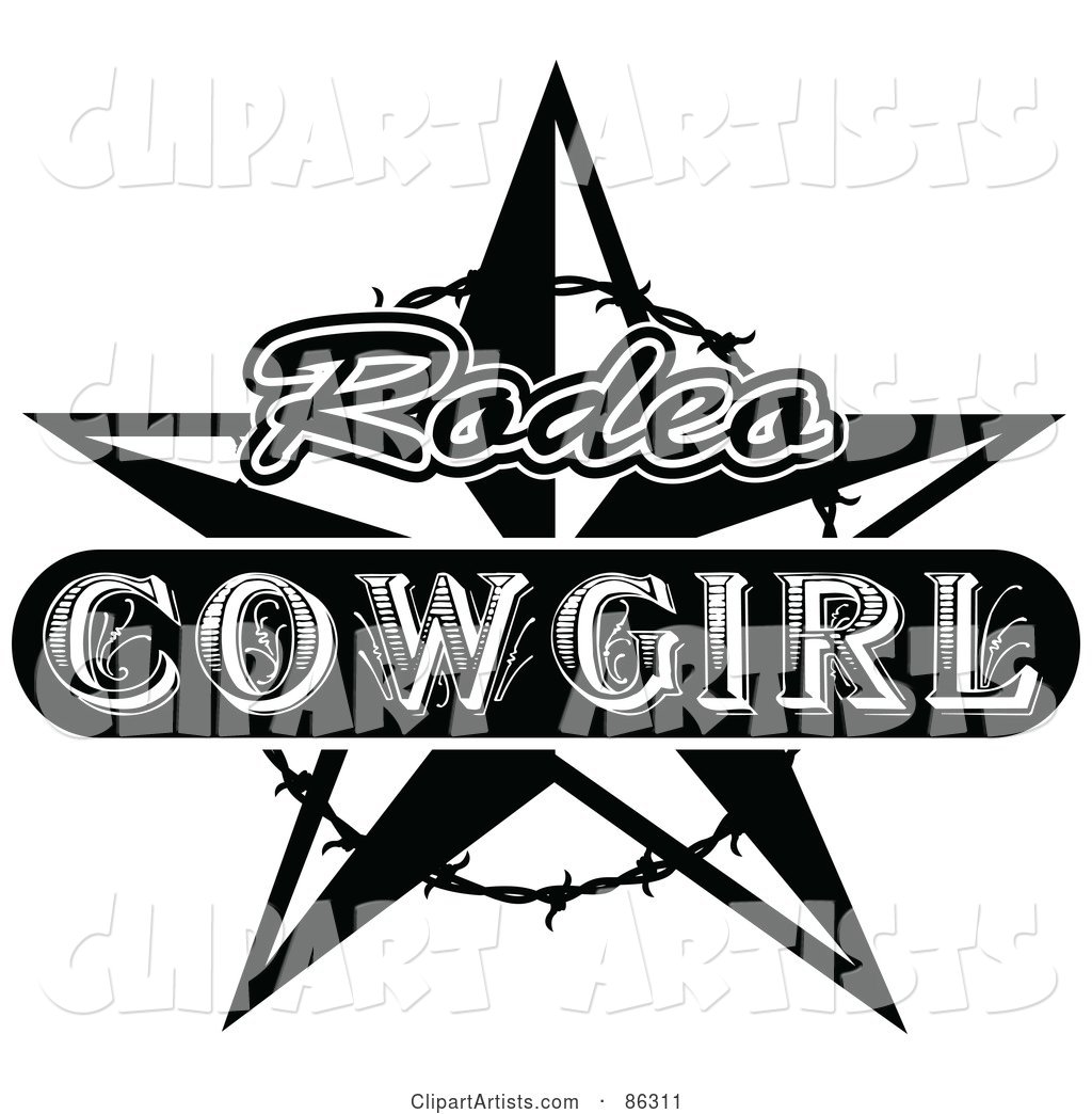 Black and White Vintage Styled Rodeo Cowgirl Star with Barbed Wire