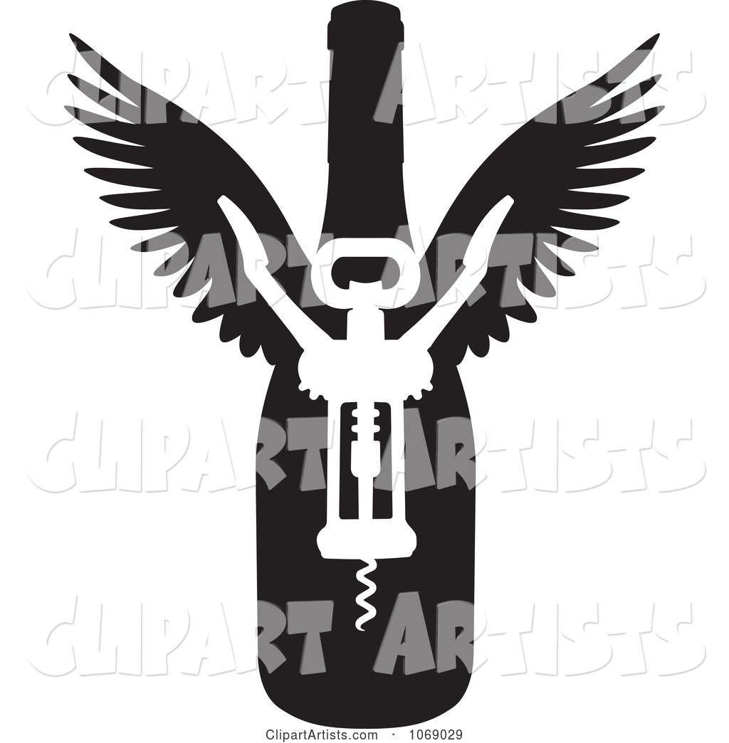 Black and White Winged Wine Bottle and Corkscrew