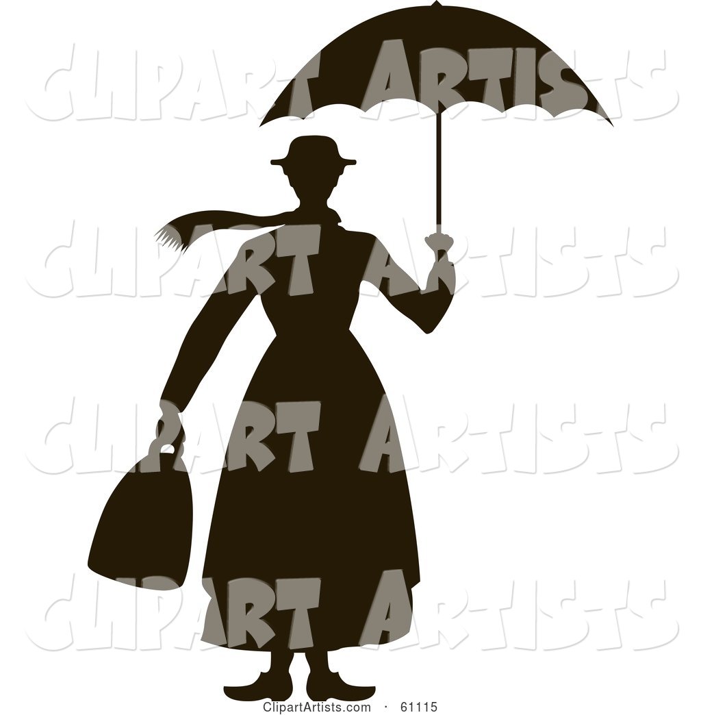Black and White Woman's Silhouette Carrying a Bag and Umbrella