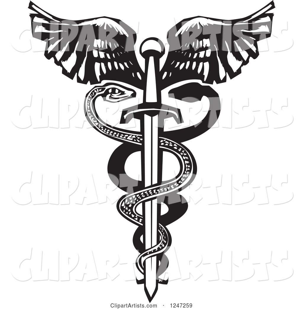 Black and White Woodcut Double Snake Caduceus with a Winged Sword