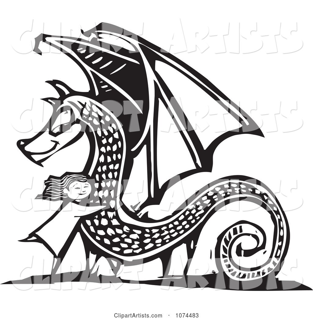 Black and White Woodcut Girl Hugging a Dragon