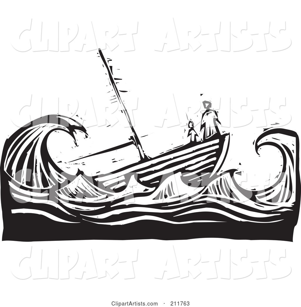 Black and White Woodcut Scene of People at the Tip of a Sinking Ship