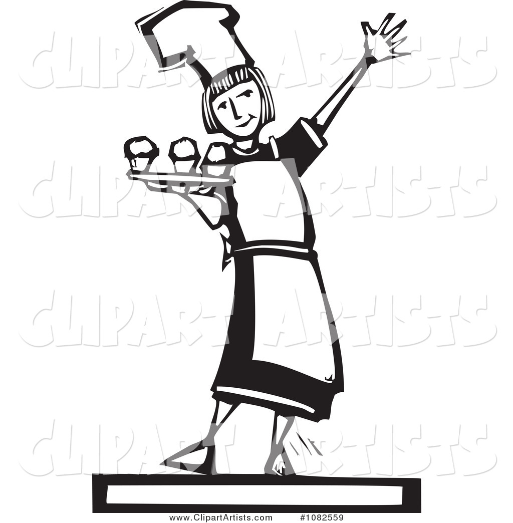 Black and White Woodcut Styled Baker Girl Serving Cupcakes