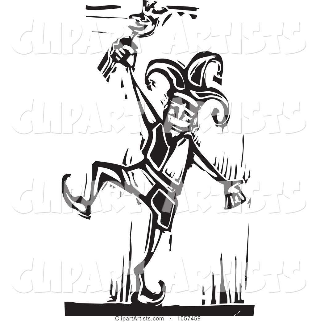 Black and White Woodcut Styled Dancing Jester