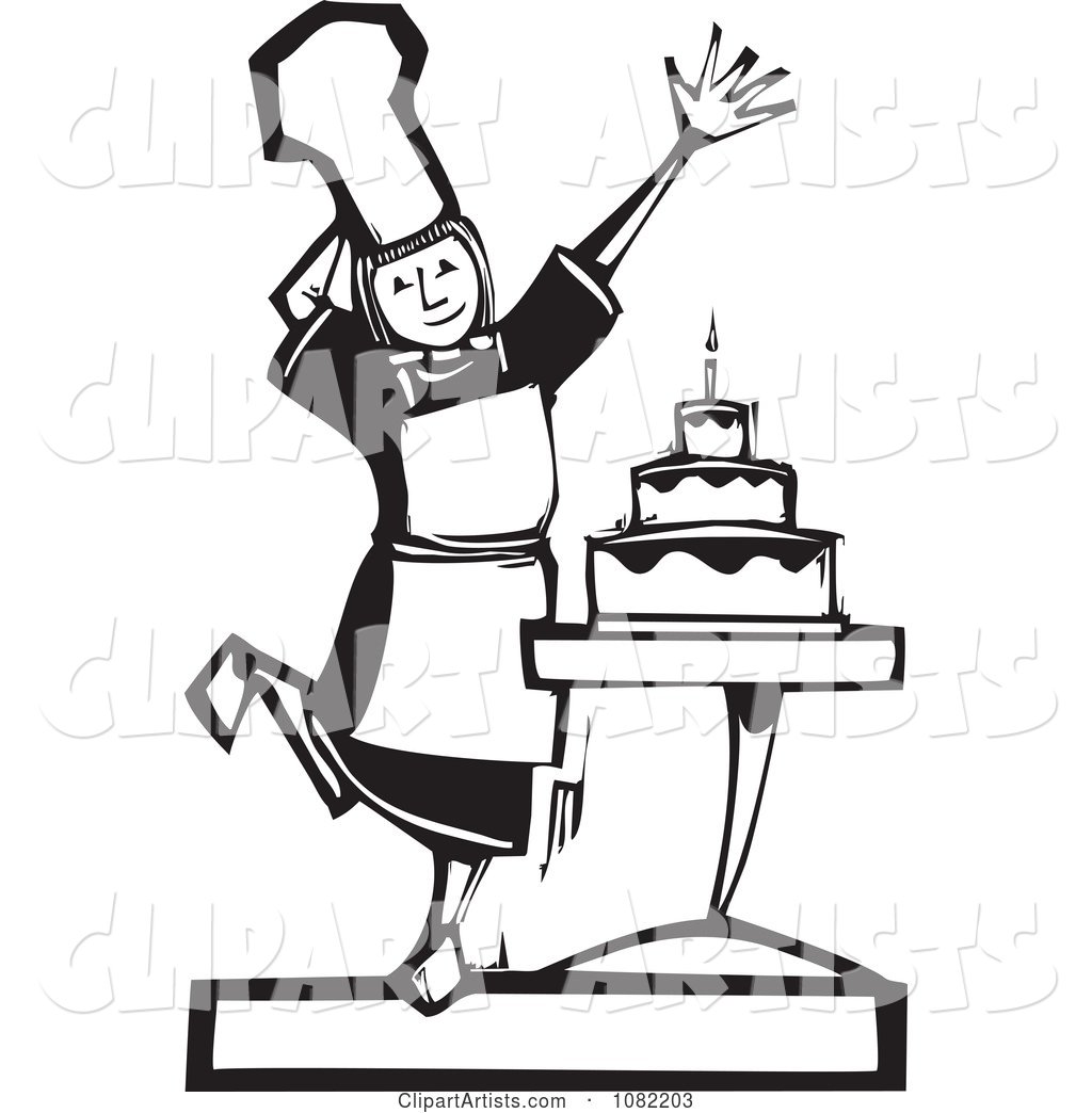 Black and White Woodcut Styled Girl Presenting a Cake