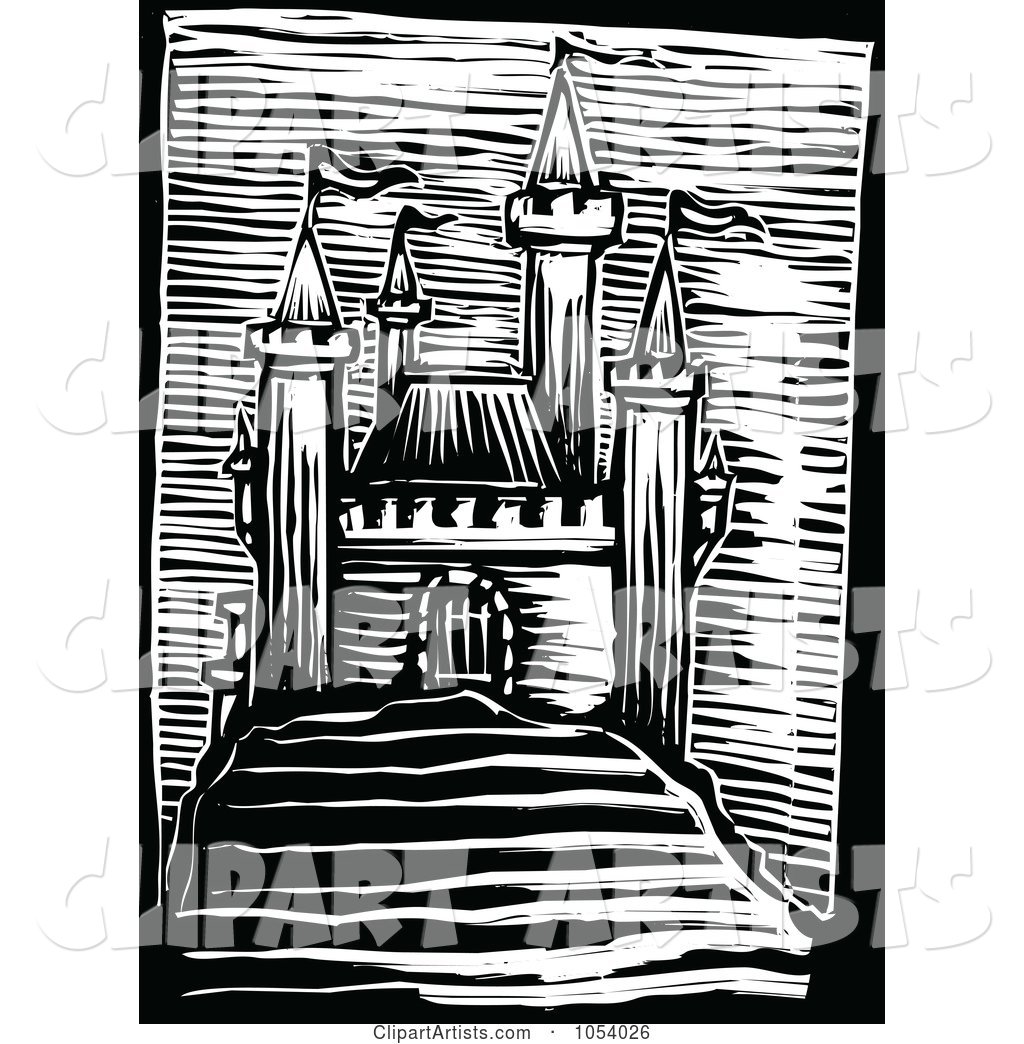 Black and White Woodcut Styled Medieval Castle
