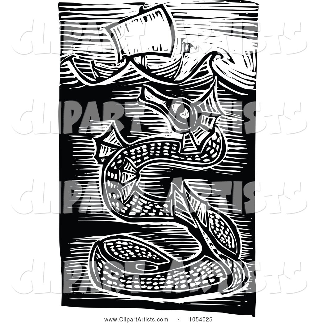 Black and White Woodcut Styled Sea Serpent Under a Ship