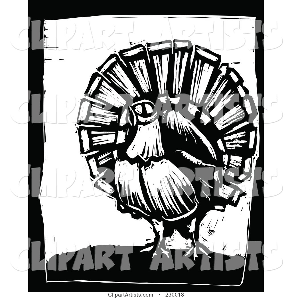 Black and White Woodcut Styled Turkey with a Black Border