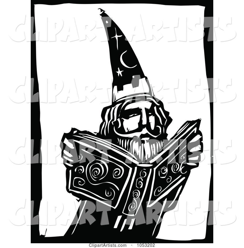 Black and White Woodcut Styled Wizard and Magic Book