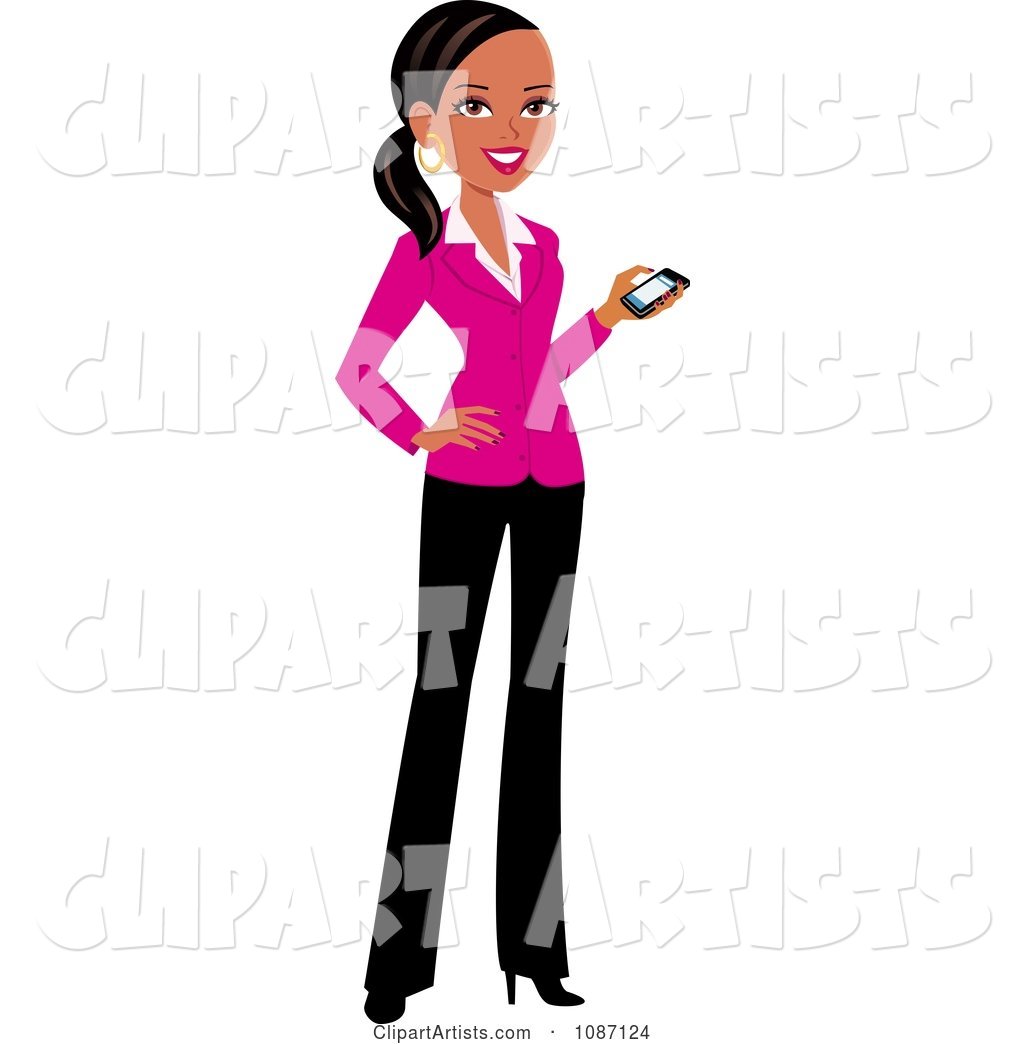 Black Businesswoman in a Pink Blazer Holding Her Cell Phone
