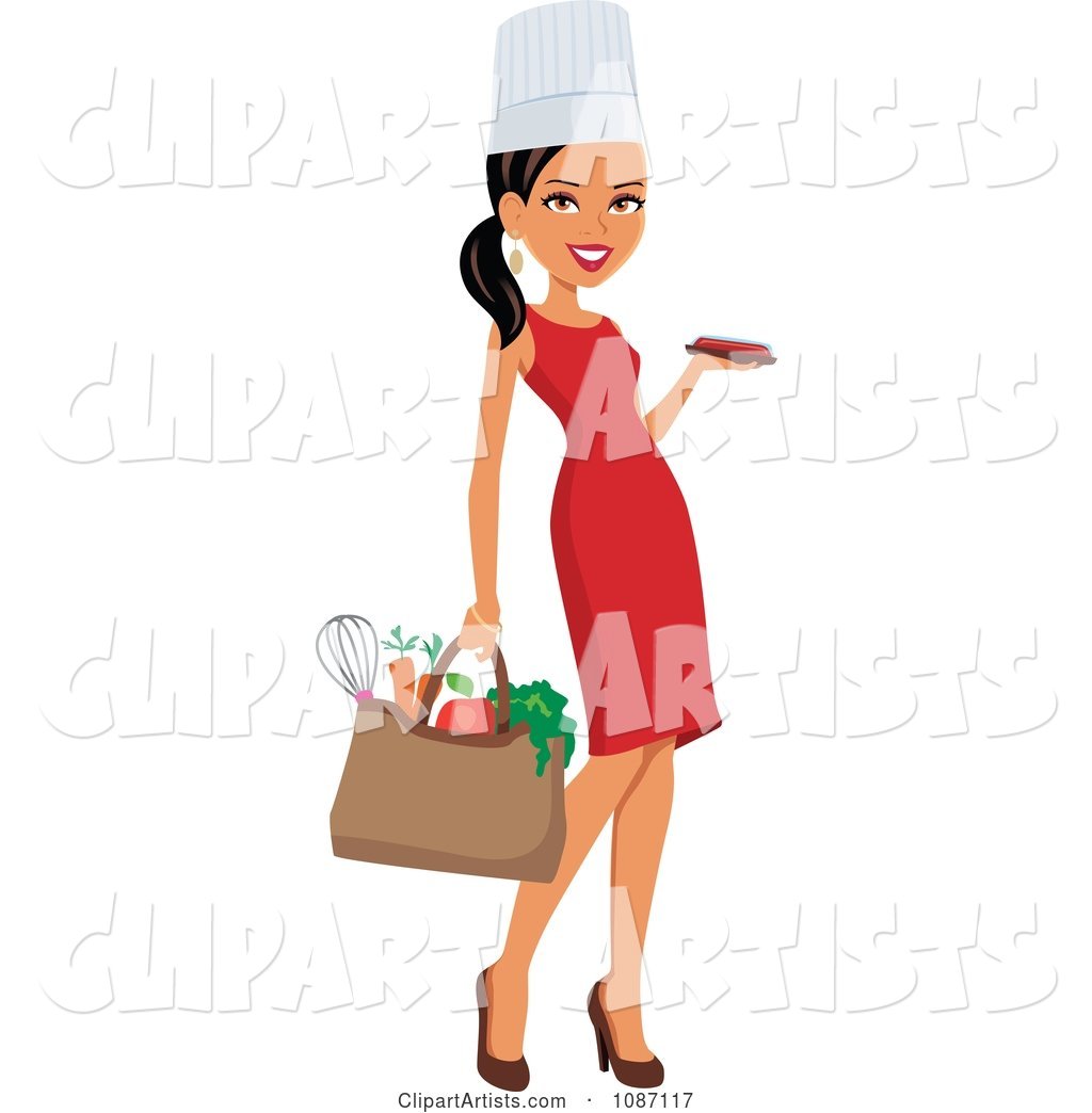 Black Chef Woman Carrying a Bag of Groceries and a Platter