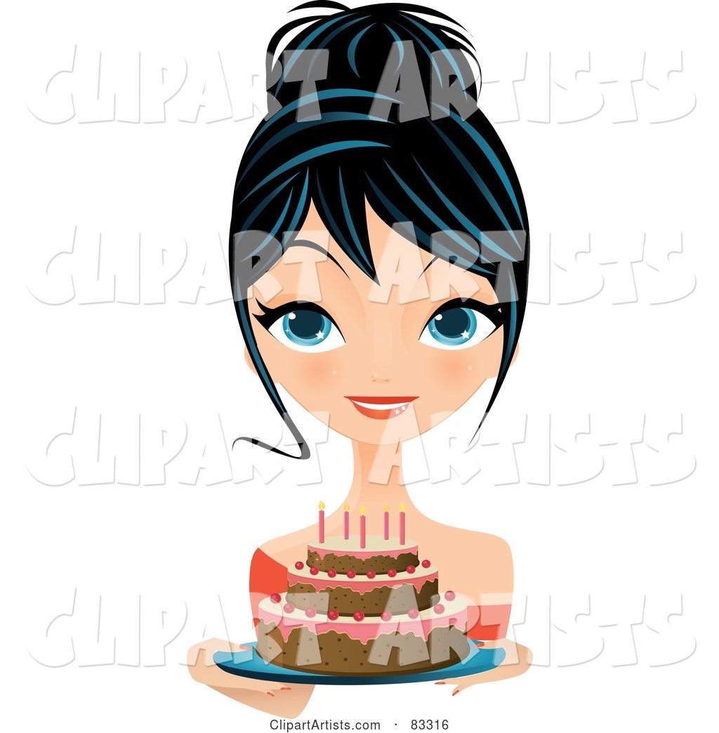 Black Haired Blue Eyed Woman Holding out a Birthday Cake with Pink Frosting and Candles