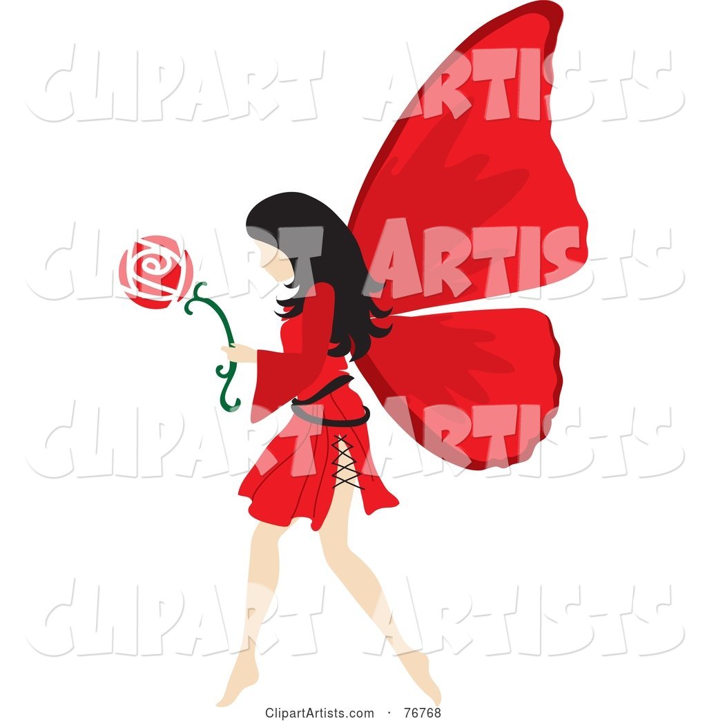 Black Haired Female Fairy with Red Wings, Carrying a Flower