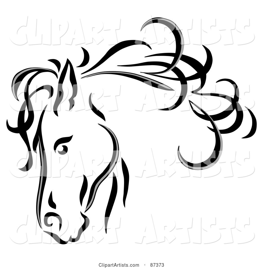 Black Line Art Horse Head with a Blowing Mane