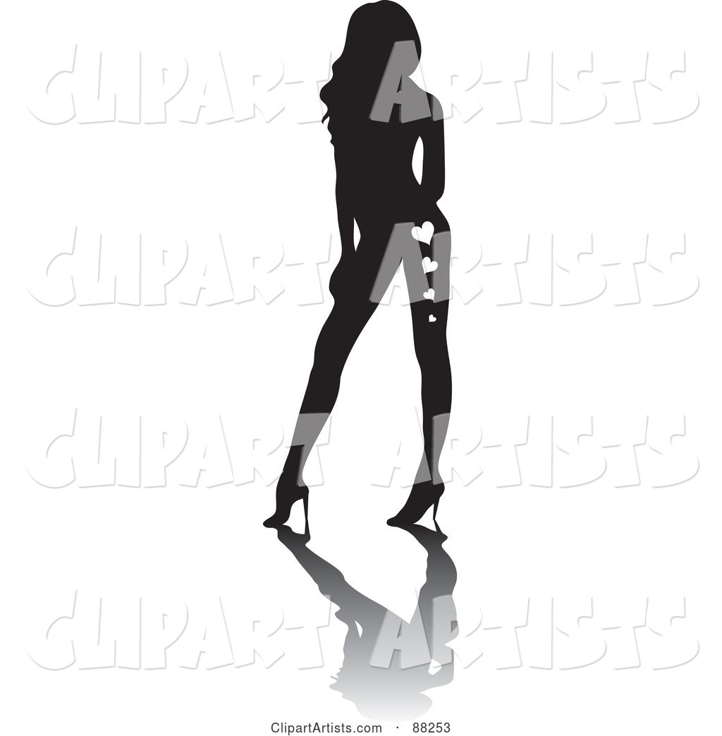 Black Sexy Silhouetted Woman with Hearts on Her Legs, Posing in Heels