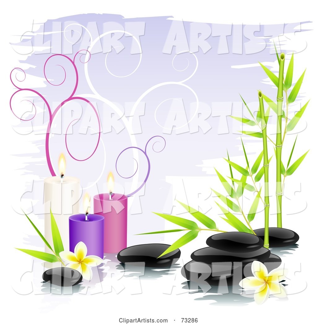 Black Shiny Spa Stones with Bamboo, Frangipani Flowers and Colorful Candles over Purple with Spirals