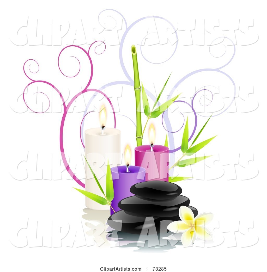 Black Shiny Spa Stones with Frangipani Flowers, Bamboo, Candles and Spirals over White