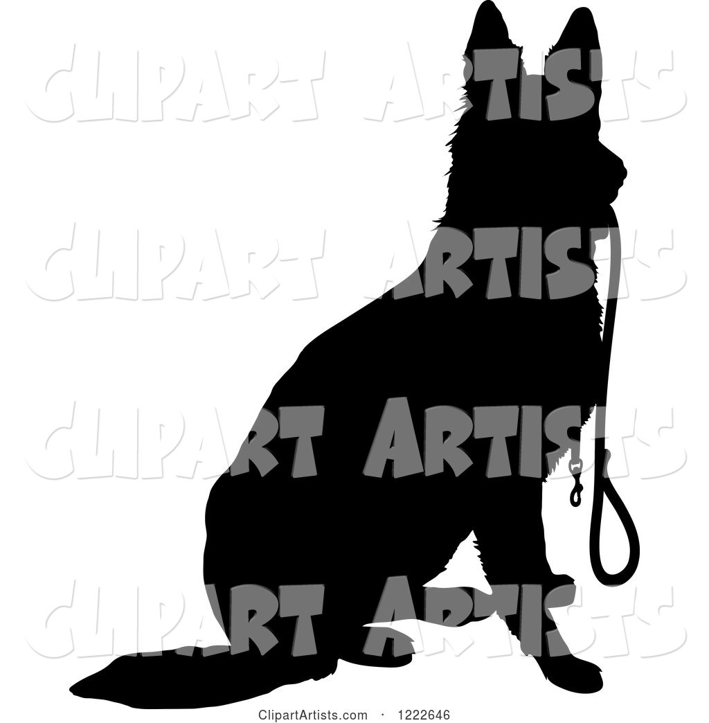 Black Silhouetted German Shepherd Dog Sitting with a Leash in His Mouth