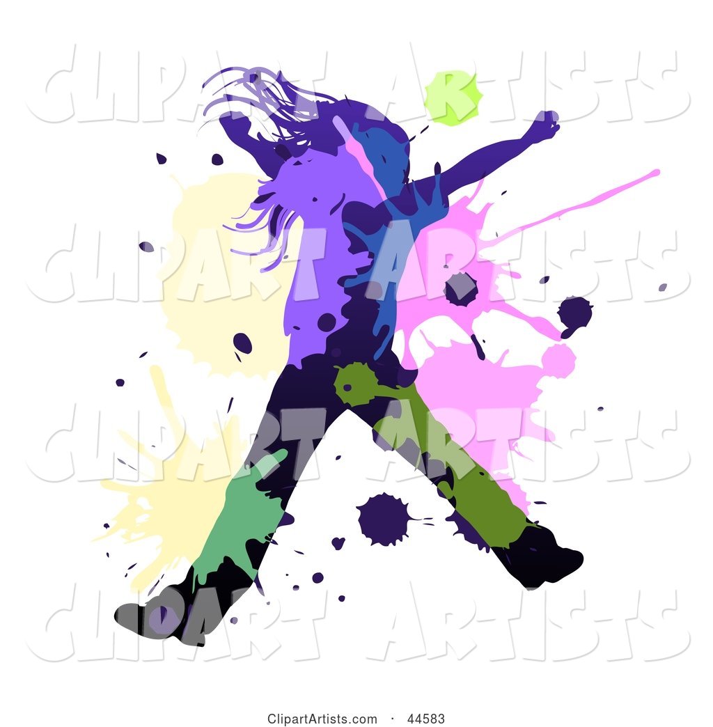 Black Silhouetted Girl Dancing or Leaping, with Colorful Splatters