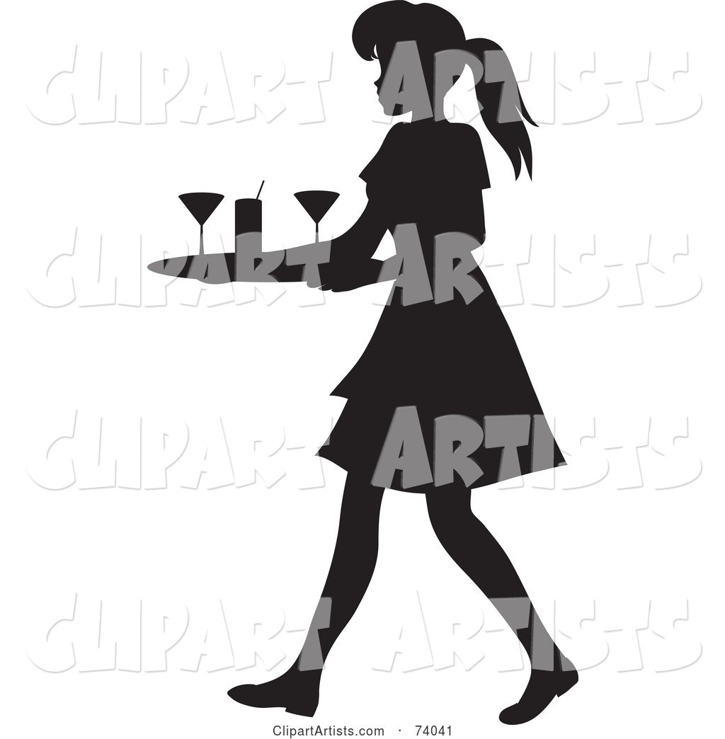Black Silhouetted Maid or Waitress Woman Tidying up Cocktail Glasses