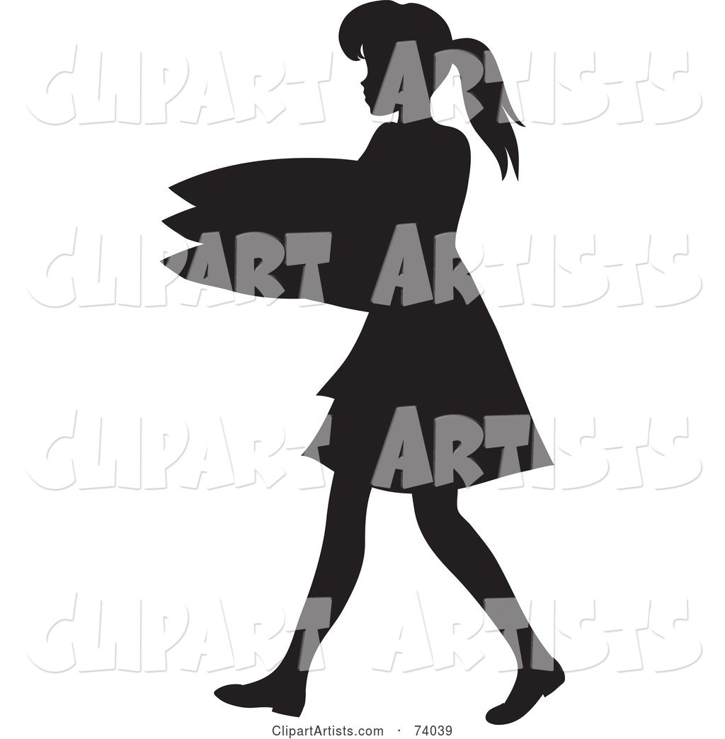Black Silhouetted Maid Woman Carrying a Stack of Pillows