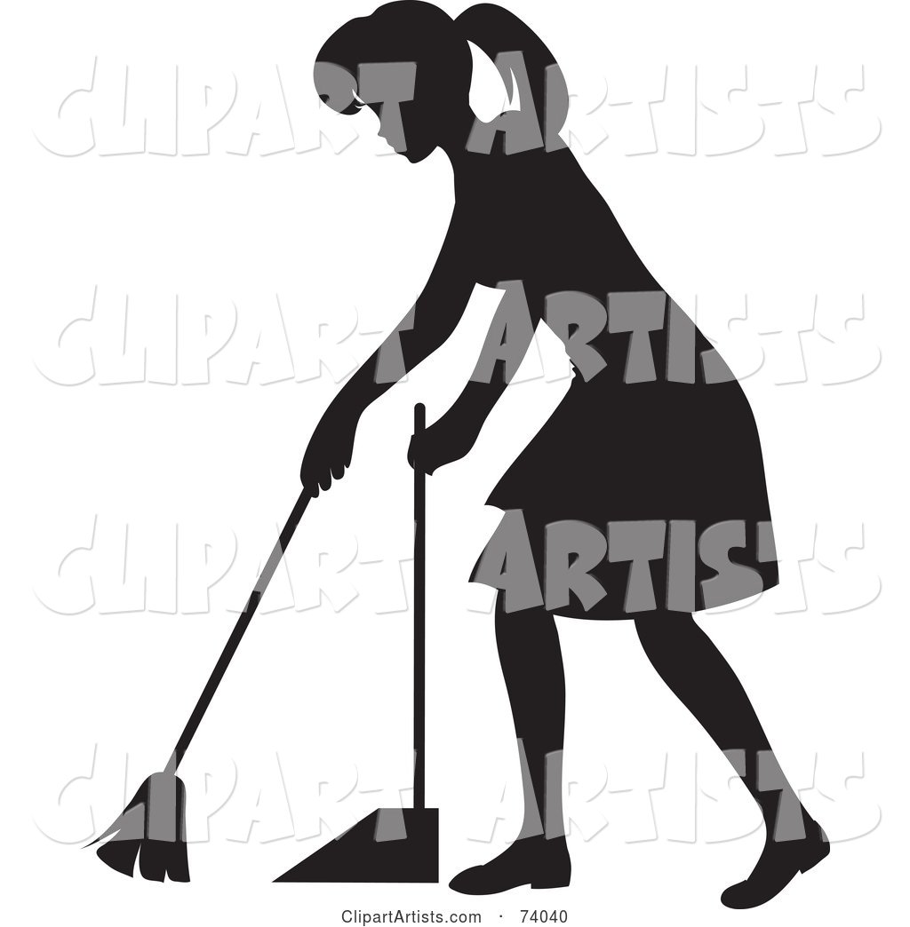 Black Silhouetted Maid Woman Sweeping a Floor
